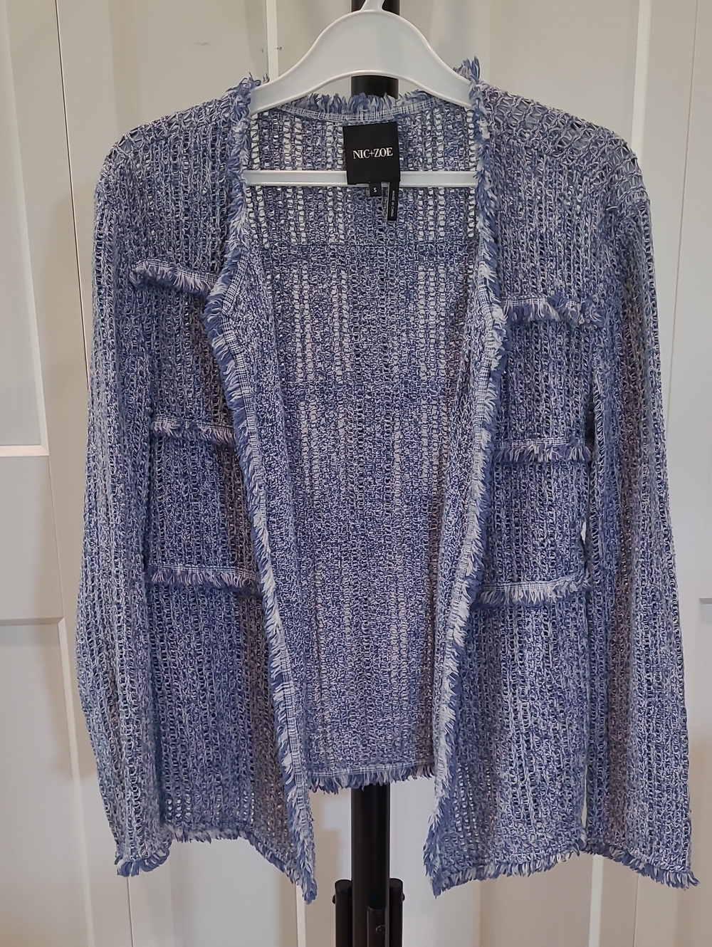 NIC+ZOE Open-Front Fringed Knit Cardigan - Light Blue